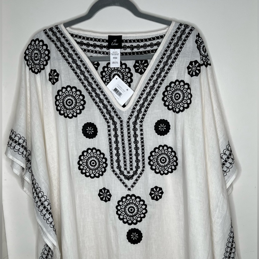 Echo Cream Linen Blend Amalfi Caftan W/Black Embroidery, Sz XL, NWT - Picture 2 of 8
